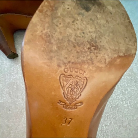 RARE VINTAGE 70s GUCCI ITALY GG LOGO PUMPS HEELS BROWN WHITE LEATHER OPEN TOE 37 - Picture 10 of 11